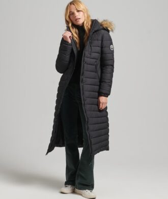 Μακρύ Hooded Puffer παλτό από συνθετική γούνα και ελαφριά επένδυση