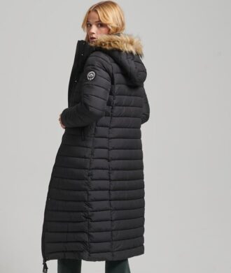 Μακρύ Hooded Puffer παλτό από συνθετική γούνα και ελαφριά επένδυση