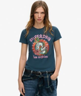 Στενό T-shirt με τατουάζ και στρας Στενό T-shirt με τατουάζ και στρας