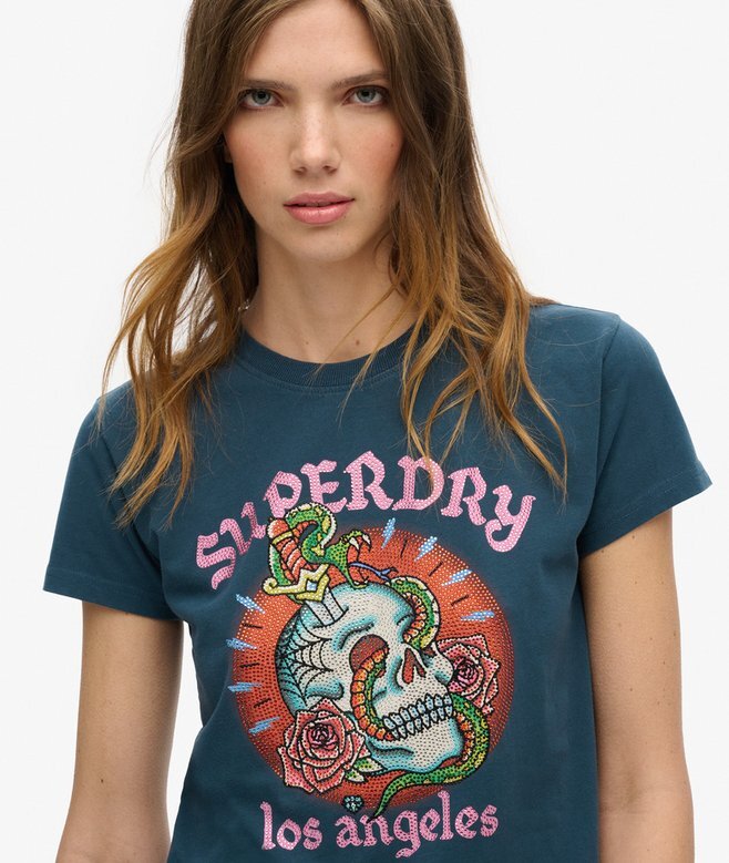 Στενό T-shirt με τατουάζ και στρας Στενό T-shirt με τατουάζ και στρας