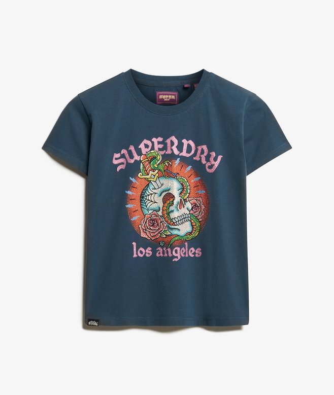 Στενό T-shirt με τατουάζ και στρας Στενό T-shirt με τατουάζ και στρας