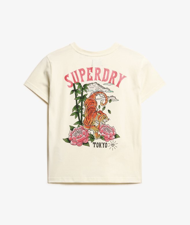 Στενό T-shirt με τατουάζ και στρας Στενό T-shirt με τατουάζ και στρας